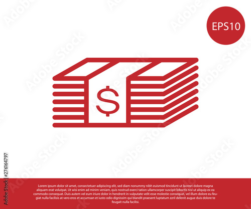 Red Paper money american dollars cash icon isolated on white background. Money banknotes stack with dollar icon. Bill currency. Vector Illustration