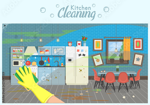  Clean and dirty kitchen with table, fridge, kitchen stove, cupboard dishes in a modern style. The hand in a yellow glove with sponge washes a kitchen. A concept for cleaning companies.  