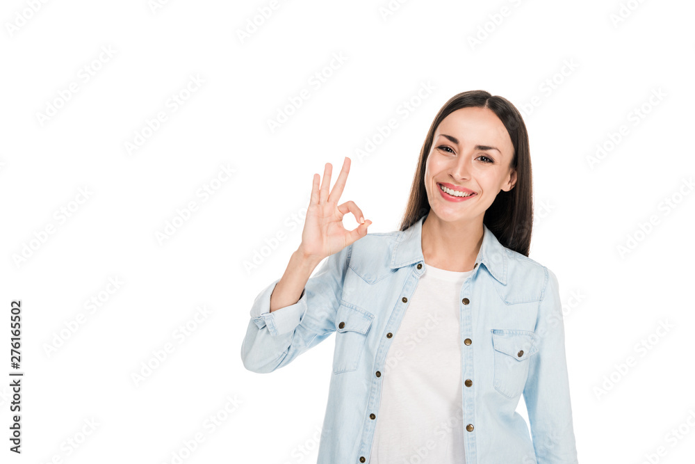 happy brunette woman showing ok sign isolated on white happy brunette woman showing ok sign isolated on white