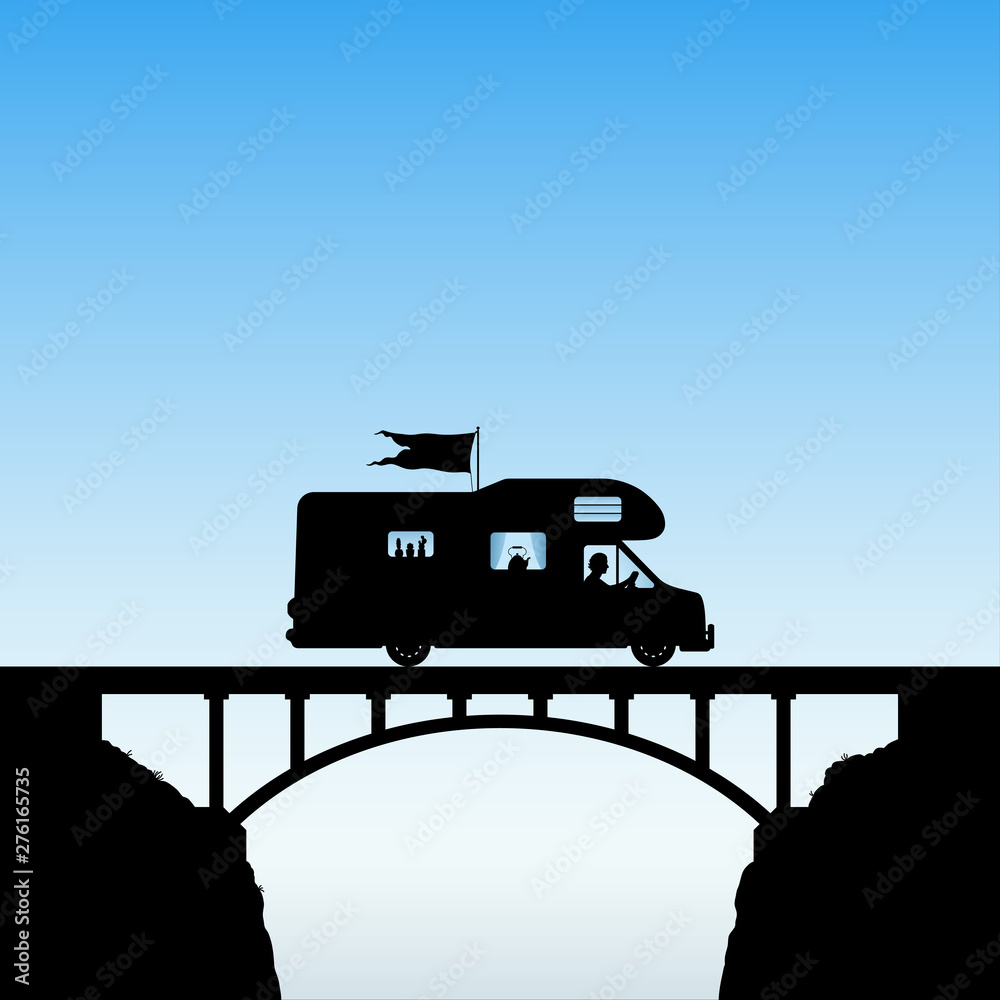 Cartoon retro car on bridge. Vector illustration with silhouette of man traveling in camper. Solo road trip. Blue pastel background.