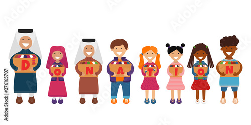 Vector Illustration of Children with Donation Boxes. Children of Different Ethnicities like Volunteers and They are Holding Donation Boxes. Concept of Clothes Donation. Social Care and Charity Concept