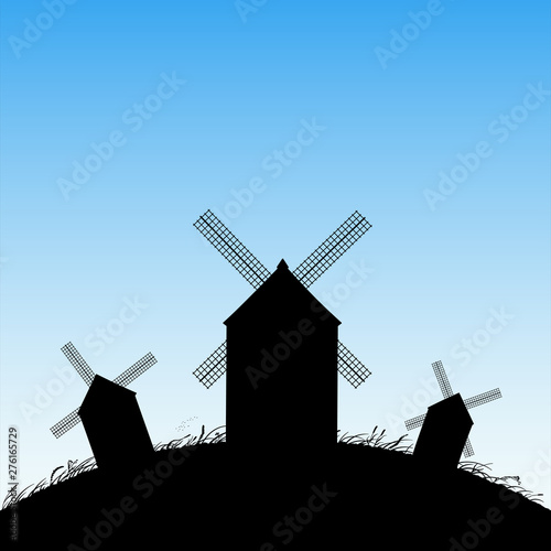 Windmills in field. Vector illustration with silhouettes of mills on hill. Summer rural landscape. Blue pastel background