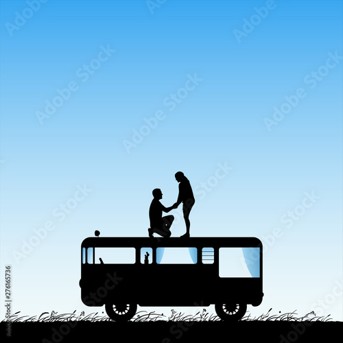Lovers on roof of cartoon retro car. Romantic marriage proposal. Vector illustration with silhouette of loving couple. Family road trip. Blue pastel background