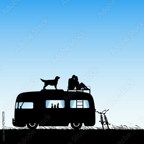 Lovers and dog on roof of cartoon retro car. Vector illustration with silhouette of couple on campsite. Family road trip. Blue pastel background