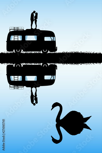 Lovers on roof of cartoon retro car. Vector illustration with silhouette of couple at swan lake. Family road trip. Blue pastel background