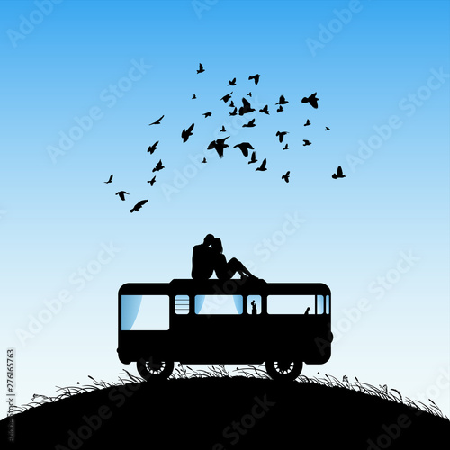 Lovers on roof of cartoon retro car. Vector illustration with silhouette of couple sitting under flock of flying birds. Family road trip. Blue pastel background