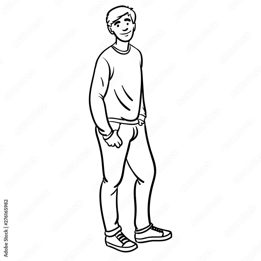 Fototapeta premium Vector comic outline drawing in black and white of a young man who stands cool and has his hands in his pockets. outline, comic, cool, fashion, boy.
