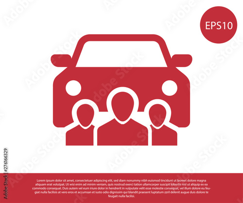 Red Car sharing with group of people icon isolated on white background. Carsharing sign. Transport renting service concept. Vector Illustration