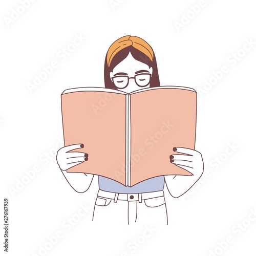 Pensive hipster girl in glasses reading book or preparing for examination. Portrait of thoughtful female student with textbook isolated on white background. Realistic hand drawn vector illustration.