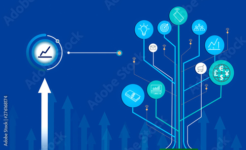 Chart and tree infographic showing growth of business and trade. The concept of business growth with internet and communication technology.