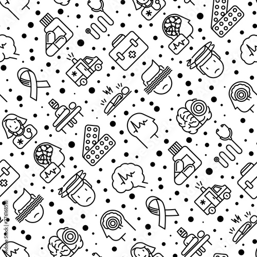Epilepsy seamless pattern with thin line icons of symptoms and treatments: convulsion, disorder, dizziness, brain scan. World epilepsy day. Vector illustration for banner, web page, print media.