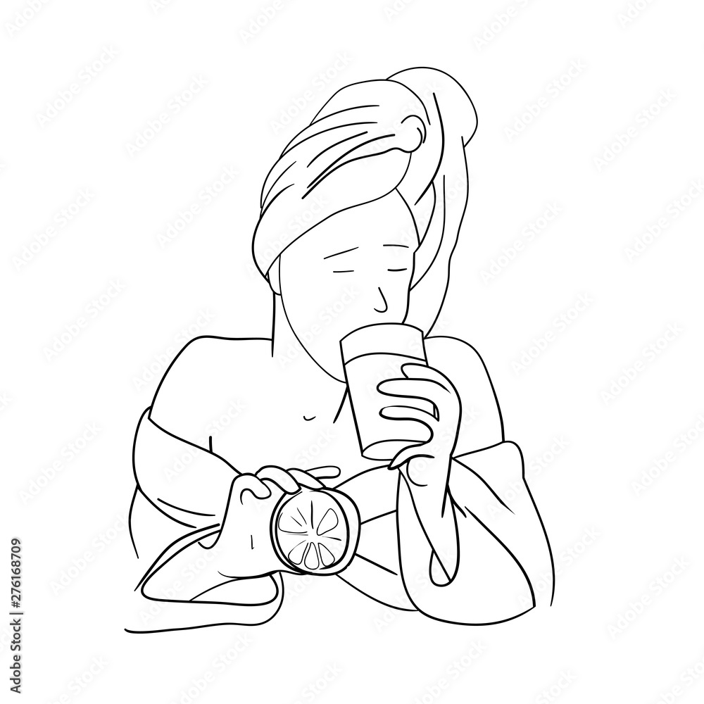 The image of a young girl who monitors their nutrition and health, linear drawing in vector