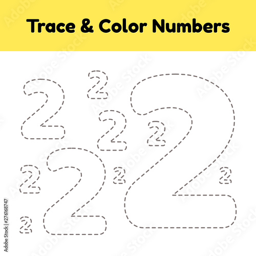 Trace line number for kindergarten and preshool kids. Write and color a two. Vector illustration.