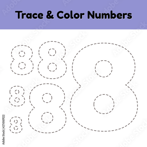 Trace line number for kindergarten and preshool kids. Write and color a eight. Vector illustration.