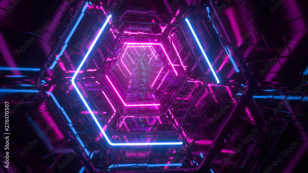 Flying through endless luminous tunnel. Construction with neon glowing hexagons. Hyper loop. Abstract creative futuristic background. Reflective surfaces. Modern colorful illumination. 3d rendering - obrazy, fototapety, plakaty 