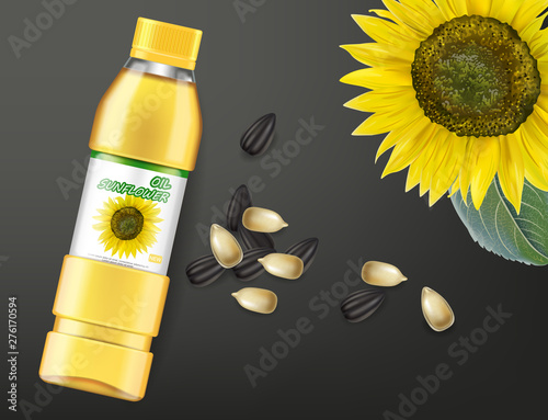 Sunflower seeds oil Vector realistic mock up. Product placement label design. Dark background. 3d illustrations