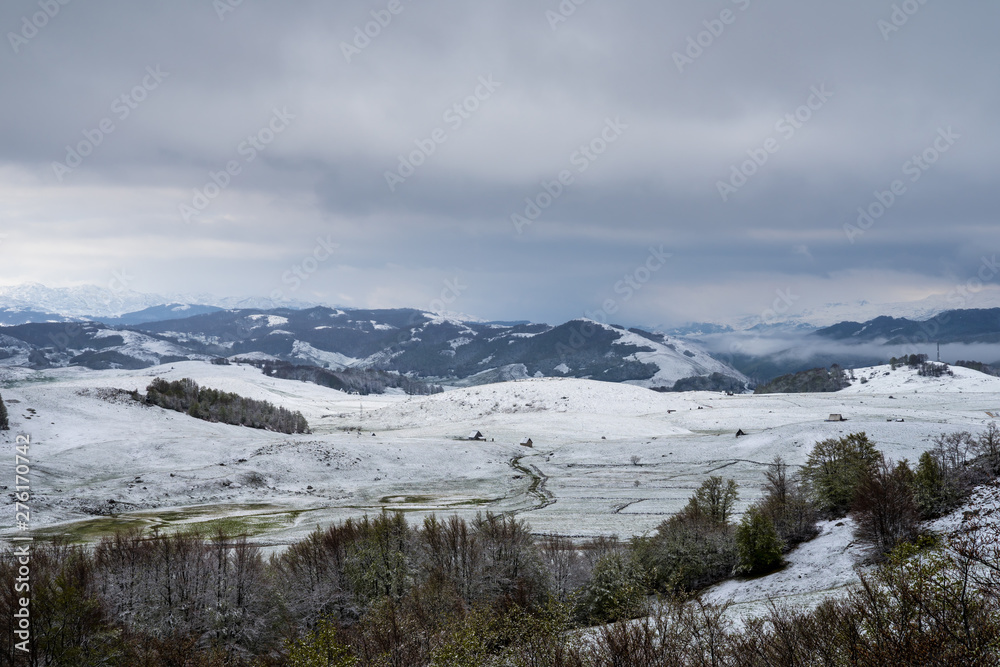 Fototapeta premium Montenegro, Perfect scenery of forest land covered by white snow in spring season from above in hilly nature landscape of durmitor national park near zabljak