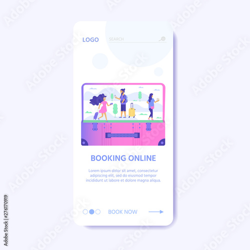 Set of baggage, laggage and young cute people. Travel and tourism concept for website user interface template, online booking reservation, landing page, banner, flight tickets service. Vector