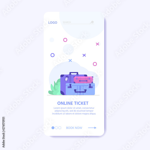 Set of baggage, laggage and young cute people. Travel and tourism concept for website user interface template, online booking reservation, landing page, banner, flight tickets service. Vector