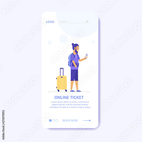 Set of baggage, laggage and young cute people. Travel and tourism concept for website user interface template, online booking reservation, landing page, banner, flight tickets service. Vector