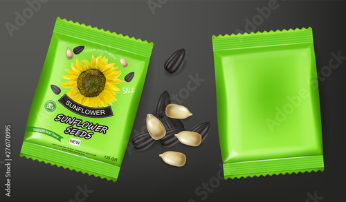 Sunflower seeds package Vector realistic. Product packaging mock up. Detailed 3d designs