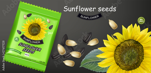 Sunflower seeds package Vector realistic. Product packaging mock up. Detailed...