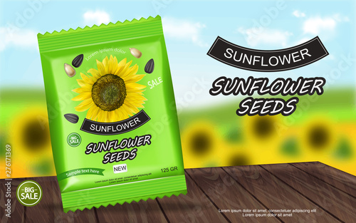 Sunflower seeds package Vector realistic. Product packaging mock up. Detailed...