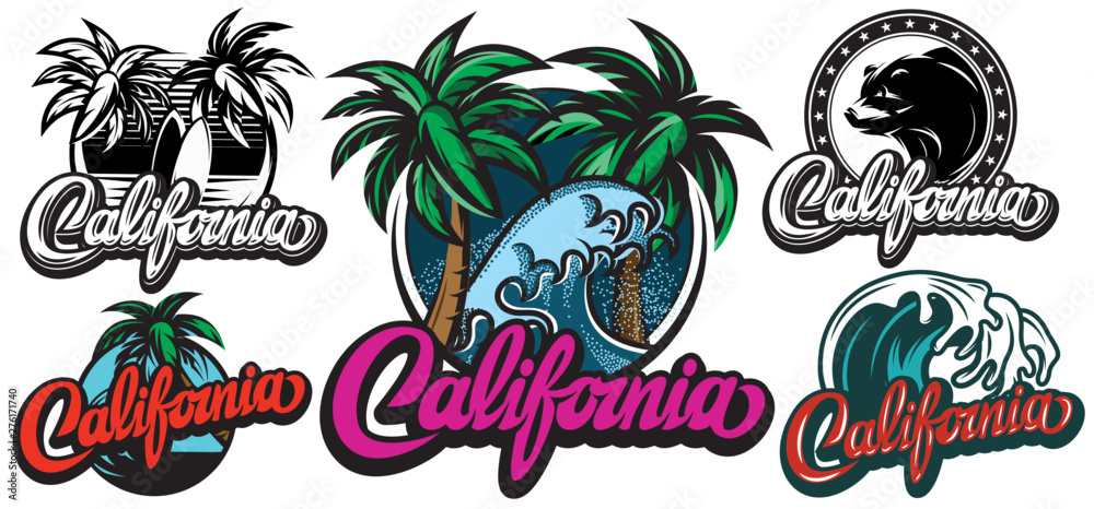 Fototapeta premium Illustrations with calligraphic lettering California and palm trees