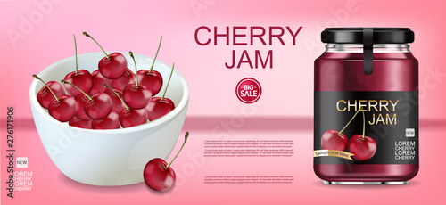 Cherry jam Vector realistic mock up. Product placement label design jar. 3d i...