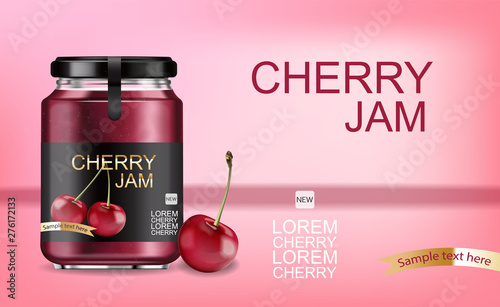 Cherry jam Vector realistic mock up. Product placement label design jar. 3d i...