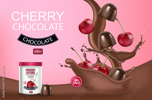 Cherry chocolate Vector realistic mock up. Chocolate splash background. Produ...