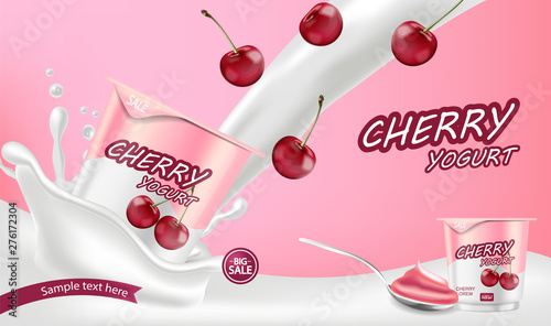 Cherry yogurt Vector realistic. Product placement mock up. Label design. Milk splash. Detailed 3d illustrations