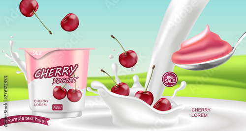 Cherry yogurt Vector realistic. Product placement mock up. Label design. Milk splash. Detailed 3d illustrations