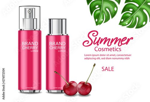Cherry perfume Vector realistic. Red bottles spray. product placement mock up...