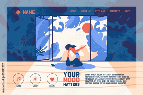 Vector concept banner or landing page template for web pages of yoga classes or yogi studio. Flar character, greenery and open window with sunset