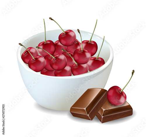 Cherry bowl and chocolate Vector realistic isolated on whites