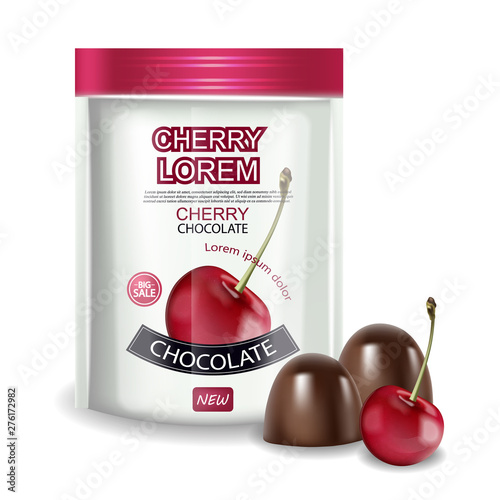 Cherry chocolate Vector realistic mock up. Chocolate splash background. Produ...