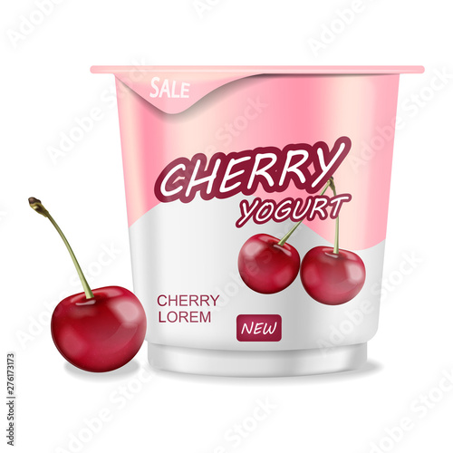 Cherry yogurt isolated Vector realistic. Detailed 3d plastic container illust...