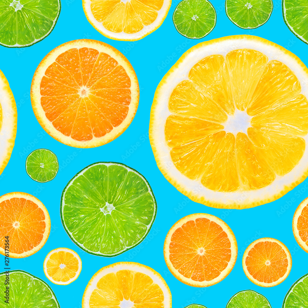 Fototapeta premium Summer fruit seamless pattern. Citrus print, fabric design with oranges, lemons, limes on blue backdrop.