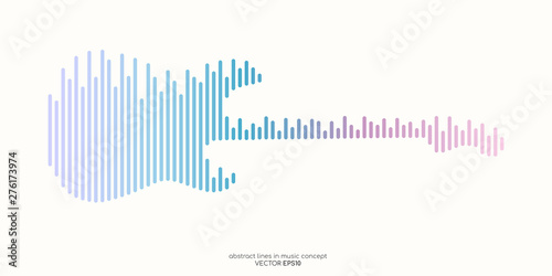 Vector electric guitar shape by equalizer strip line pattern pink blue pastel color isolated on white background. In concept of music.