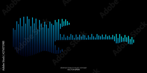Vector electric guitar shape by equalizer strip line pattern blue color isolated on black background. In concept of music.