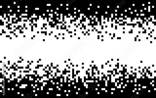 White and black pixel background. Minimal design with monochrome squares. Abstract halftone gradient. Random texture template. Chaotic rectangles. Vector illustration