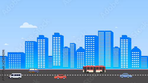 Cityscape with cars on street and sky background illustration.Buildings landscape. Daytime cityscape in flat style.Modern city scene design