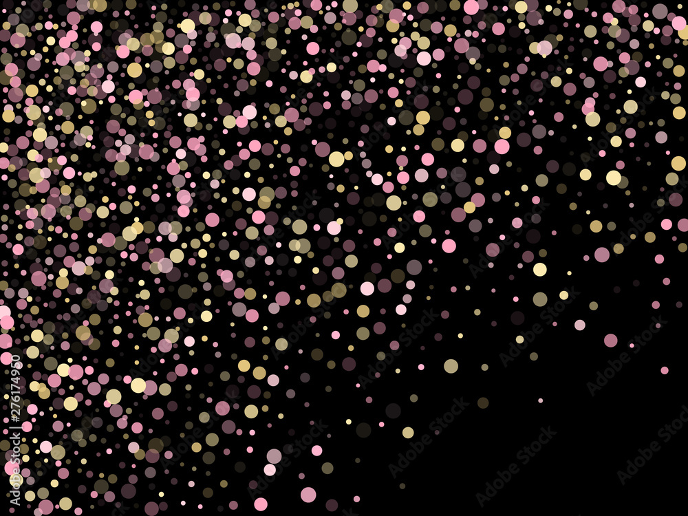 Gold, pink and rose color round confetti dots, circles scatter on black. 