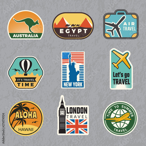 Travel vintage sticker. Summer vacation labels for old luggage tropical travel vector logo collection. Illustration of travel label for luggage, sticker tag