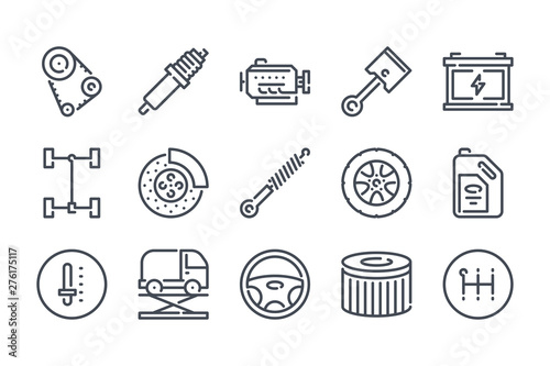 Car Service and Maintenance related line icon set. Car Repair and inspection linear icons. Car Parts outline vector signs and symbols collection.