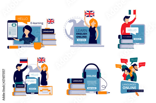 Language courses. Vector characters study different languages english italian chinese in training center concept illustrations. Study language distance, teaching course and training