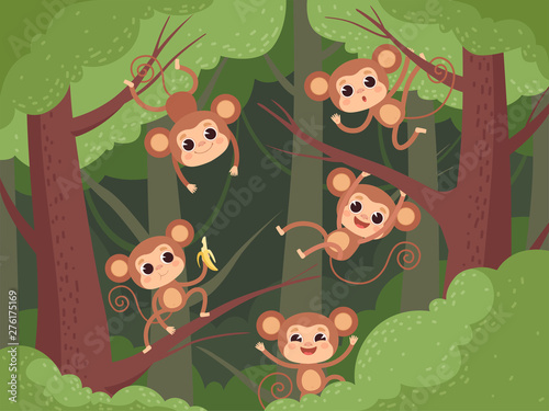 Fototapeta Naklejka Na Ścianę i Meble -  Monkey in jungle. Wild little animals playing on tree and liana and chimpanzee eating fruits banana vector cartoon background. Animal hanging, monkey on liana illustration