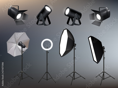 Photo studio accessories. Spotlights softboxes and glow and vivid backstage light vector realistic. Illustration of softbox and projector, spotlighting and searchlight