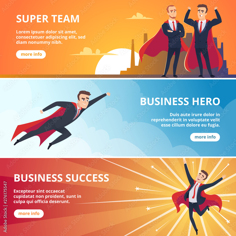 Superheroes business banners. Male characters business concept vector illustrations. Succes super leadership in red cloak, businessman in cape